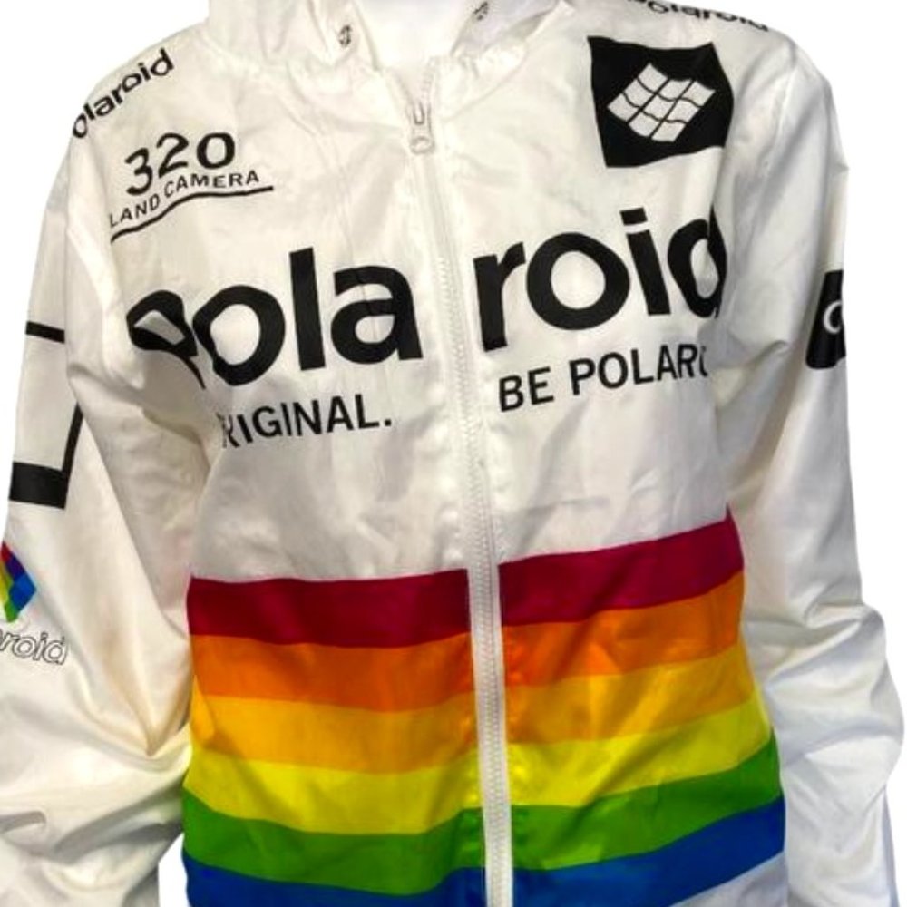 Retro 80s Style Polaroid Originals Crisp White Rainbow Windbreaker Jacket SZ M